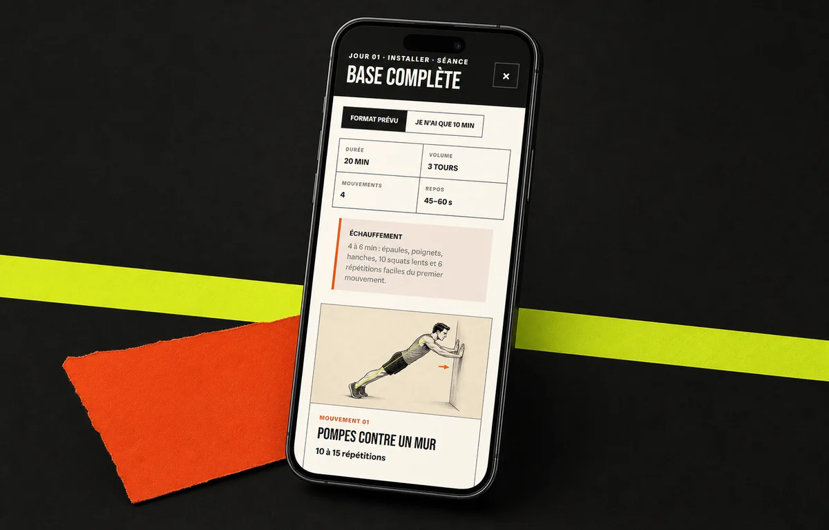 Mockup de l'application 28J À Ton Niveau affichant une séance personnalisée