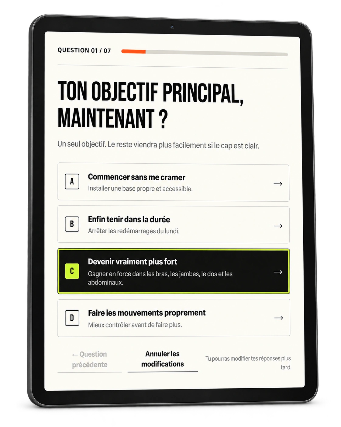 Mockup de tablette montrant la première question du diagnostic et ses quatre choix