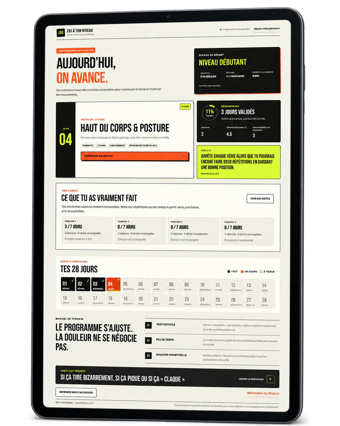 Mockup de tablette affichant la journée 4, les jours validés, le carnet facultatif et le calendrier des 28 jours