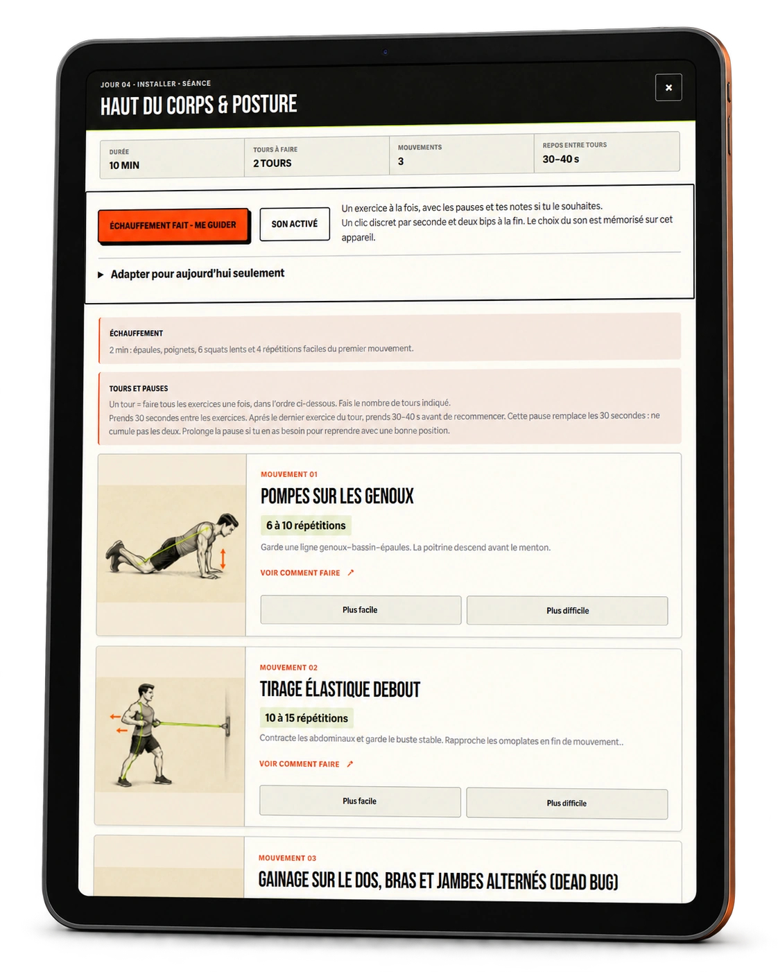 Mockup de tablette affichant la séance du jour 4, ses variantes, le guidage et les pauses