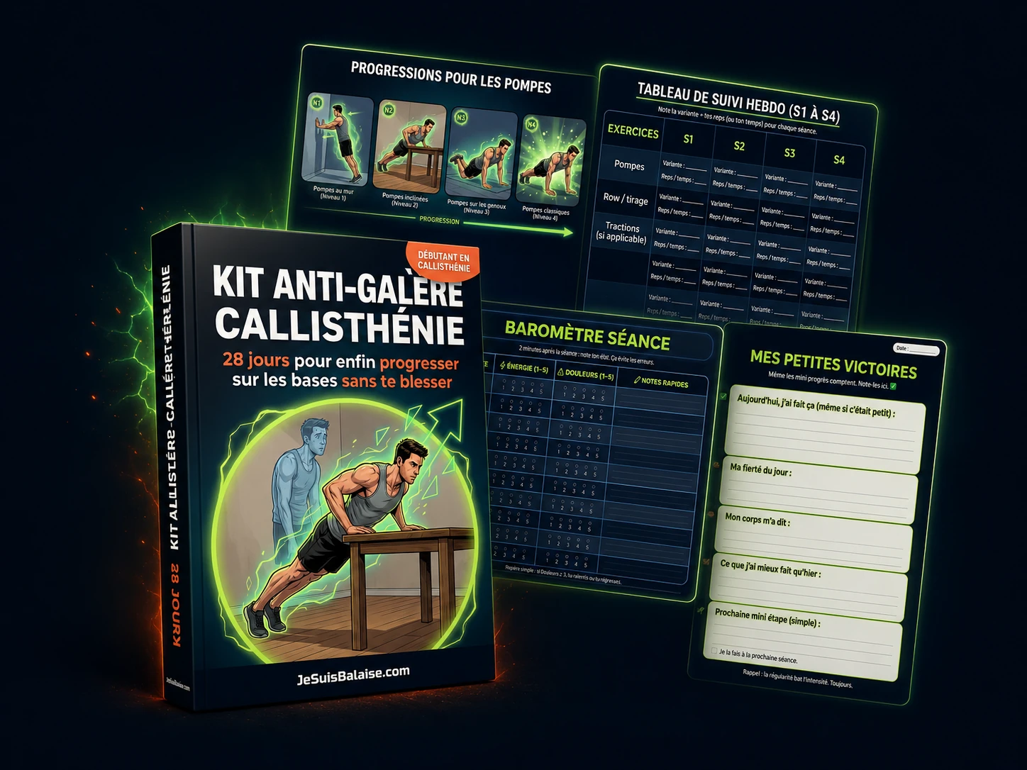 Mockup du Kit Anti-Galère Callisthénie avec la couverture et des pages intérieures réelles