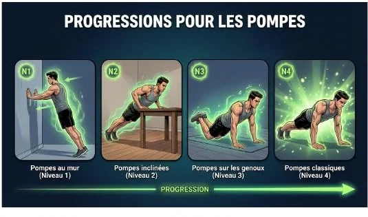 Progression illustrée des pompes du niveau 1 au niveau 4