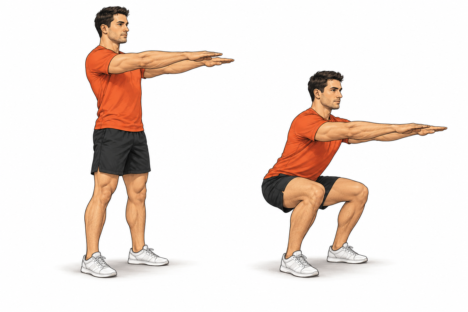 Illustration du squat : position debout puis descente, talons au sol