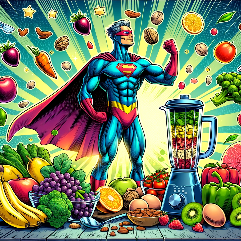 Les 10 Meilleurs Aliments pour Booster tes Entraînements de Callisthénie 2 Super-héros préparant un smoothie nutritif entouré d'aliments sains comme fruits, légumes, noix, œufs et viandes maigres, illustrant la puissance des aliments pour devenir balaise