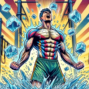 Bains de glace : guide complet pour récupérer, progresser… sans te cramer 8 Super-héros de la calisthénie triomphant d'un bain de glace, exsudant énergie et vitalité, parfait pour la récupération musculaire et le renforcement mental.