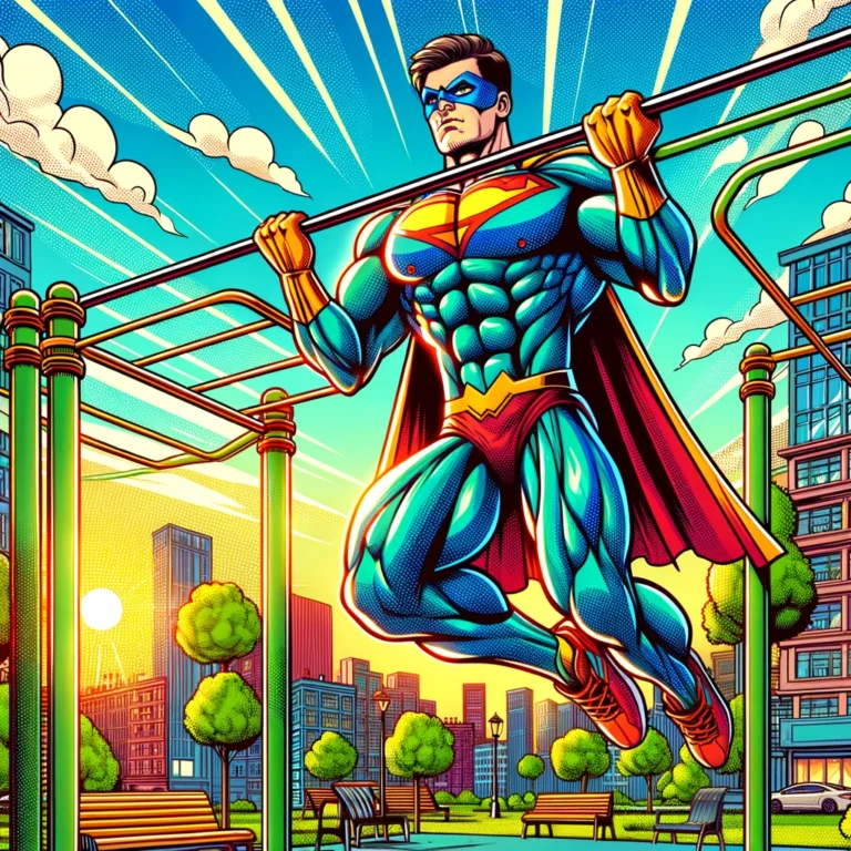Super-héros en action dans un parc urbain réalisant un muscle-up sur une barre de traction, illustrant la force et l'agilité du calisthenics.