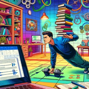 Comment Intégrer la Callisthénie à Ta Routine Quotidienne Quand T'as pas le Temps de t'Entrainer ? 6 Étudiant universitaire faisant des pompes tout en tenant en équilibre des livres dans sa chambre de dortoir, illustrant la fusion des études et de la callisthénie dans la vie étudiante chargée.