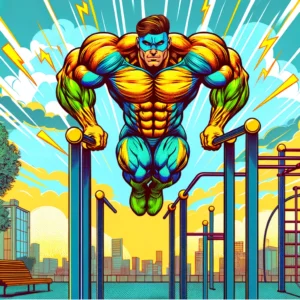 7 Meilleurs Exercices de Callisthénie pour les Triceps 5 Super-héros avec triceps surdimensionnés faisant des dips sur des barres parallèles dans un parc de calisthénie, illustrant la force et la détermination dans l'entraînement.