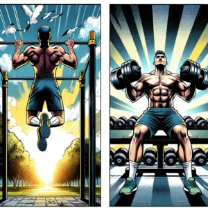 Callisthénie vs Musculation : Pourquoi la Callisthénie Surpasse la Musculation 2 Callisthénie VS musculation : Illustration contrastant callisthénie et musculation : à gauche, un homme fait des tractions en plein air, symbolisant la liberté de la callisthénie; à droite, musculation avec haltères en salle, pour la force structurée.