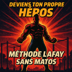 un athlète musclé debout en posture de puissance, représentant la méthode Lafay sans matériel, fond explosif rouge et orange évoquant l’énergie et la transformation