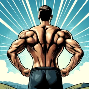 Muscler son dos sans matériel : exercices efficaces pour une posture renforcée 2 Athlète de dos avec musculature impressionnante célébrant la réussite des exercices pour muscler son dos sans matériel, illustrant la force et la détermination.