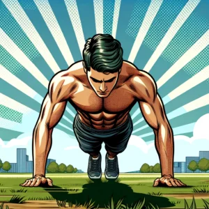 Comment Progresser aux Pompes : Guide Pratique 4 Personne effectuant des pompes parfaites en extérieur, démontrant détermination et forme excellente, symbolisant la simplicité et l'efficacité pour progresser aux pompes.