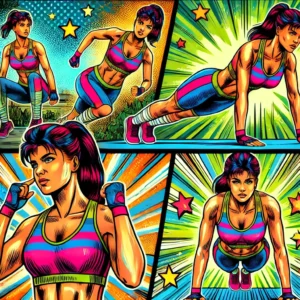 Callisthénie pour Femmes : Comment débuter sans finir en PLS 7 Illustration de style bande dessinée vibrant d'une femme effectuant des exercices de calisthénie pour femme. La femme, au physique athlétique et portant une tenue de sport colorée, est représentée dans plusieurs panneaux. Chaque panneau montre un exercice différent : des pompes, des tractions et des abdominaux. Elle affiche une expression de détermination et de confiance, avec des yeux bleus. Le fond est dynamique, rempli d'éléments énergétiques comme des étoiles, des éclats et des lignes dynamiques en couleurs vives, soulignant le mouvement et la vitalité. La scène met en avant l'autonomisation et le plaisir des exercices de calisthénie.