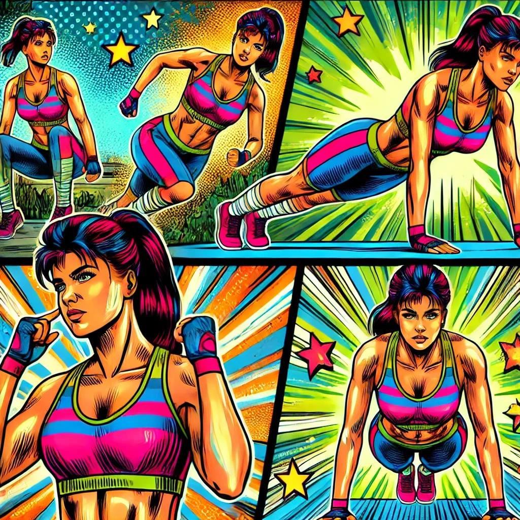 Callisthénie pour Femme : Comment débuter sans finir en PLS 2 Illustration de style bande dessinée vibrant d'une femme effectuant des exercices de calisthénie pour femme. La femme, au physique athlétique et portant une tenue de sport colorée, est représentée dans plusieurs panneaux. Chaque panneau montre un exercice différent : des pompes, des tractions et des abdominaux. Elle affiche une expression de détermination et de confiance, avec des yeux bleus. Le fond est dynamique, rempli d'éléments énergétiques comme des étoiles, des éclats et des lignes dynamiques en couleurs vives, soulignant le mouvement et la vitalité. La scène met en avant l'autonomisation et le plaisir des exercices de calisthénie.