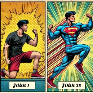 Programme Callisthénie 28 Jours : Relève le Défi Sans MatOS 6 Illustration de style bande dessinée montrant une transformation en 28 jours de calisthénie. Écran partagé avec une personne moyenne au jour 1 et une version musclée et en forme au jour 28.