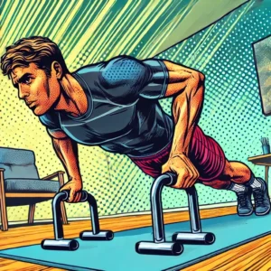Illustration en style comic d'un homme faisant des pompes avec des poignées de pompes à base en T, dans un environnement de gym à domicile. L'homme porte des vêtements de sport et affiche une expression déterminée, illustrant une technique de renforcement musculaire efficace.