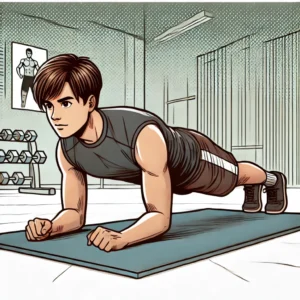 Ton Programme de Callisthénie pour Débutant : Muscle-toi Simplement 10 Jeune homme faisant l'exercice de la planche de son programme de callisthénie dans un gymnase intérieur, illustration style comic. Il porte un débardeur et un short, montrant de la détermination. Des haltères et une affiche de fitness en arrière-plan.