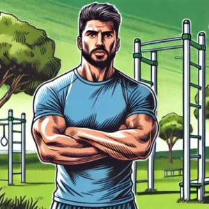 Parc street workout : se muscler gratos au poids du corps 5 Image en style comic d'un homme musclé debout dans un parc devant un portique de street workout. L'homme porte des vêtements de sport et affiche une posture confiante. En arrière-plan, on voit des arbres verts et des équipements de street workout, notamment une barre de traction. L'illustration utilise des lignes audacieuses et des couleurs vives pour un rendu dynamique et accrocheur, idéal pour les amateurs de fitness et de calisthénie.