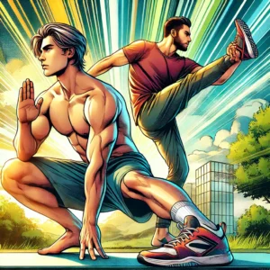 Callisthénie : S'entrainer Pieds Nus ou en Chaussures ? 9 Deux athlètes pratiquant la callisthénie, l'un pieds nus et l'autre portant des chaussures, dans un environnement extérieur dynamique, illustrant les avantages et inconvénients des deux pratiques.