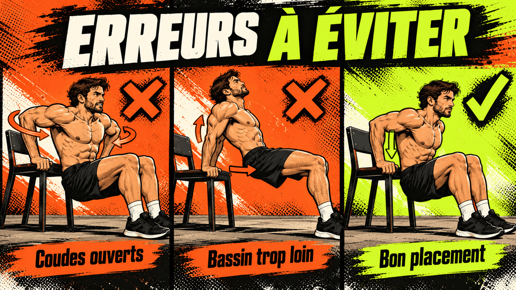 Comparaison de trois postures aux dips sur chaise : coudes ouverts, bassin trop éloigné et bon placement.