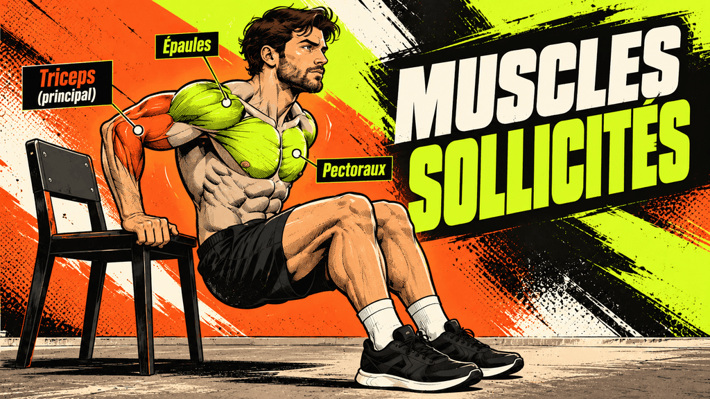 Muscles sollicités pendant les dips sur chaise : triceps en orange, pectoraux et épaules en vert.
