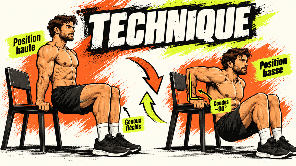 Deux étapes des dips sur chaise : position haute bras tendus et position basse coudes fléchis, genoux pliés.