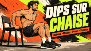 Illustration d'un sportif réalisant des dips sur chaise, exercice de renforcement des triceps.