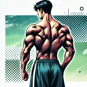 un homme de dos avec un dos musclé et bien défini, montrant les résultats d'exercices pour le dos sans matériel. L'image met en avant la forme physique sans l'usage de poids ou d'équipements, idéal pour des exercices de musculation à domicile.
