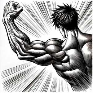Muscler ses Triceps au Poids du Corps : Simple, Efficace et Sans Matériel 7 un homme qui a musclé son triceps au poids du corps. De dos, style manga.