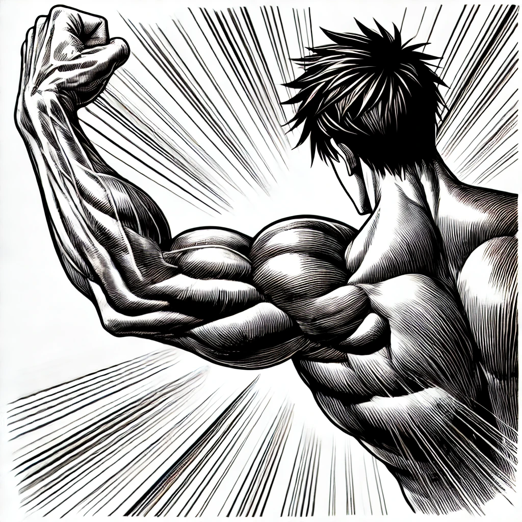 Muscler ses Triceps au Poids du Corps : Simple, Efficace et Sans Matériel 2 un homme qui a musclé son triceps au poids du corps. De dos, style manga.