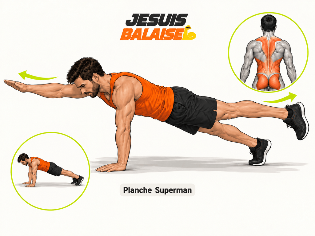 Planche Superman Planche Superman avec bras et jambe opposés tendus sans rotation du bassin
