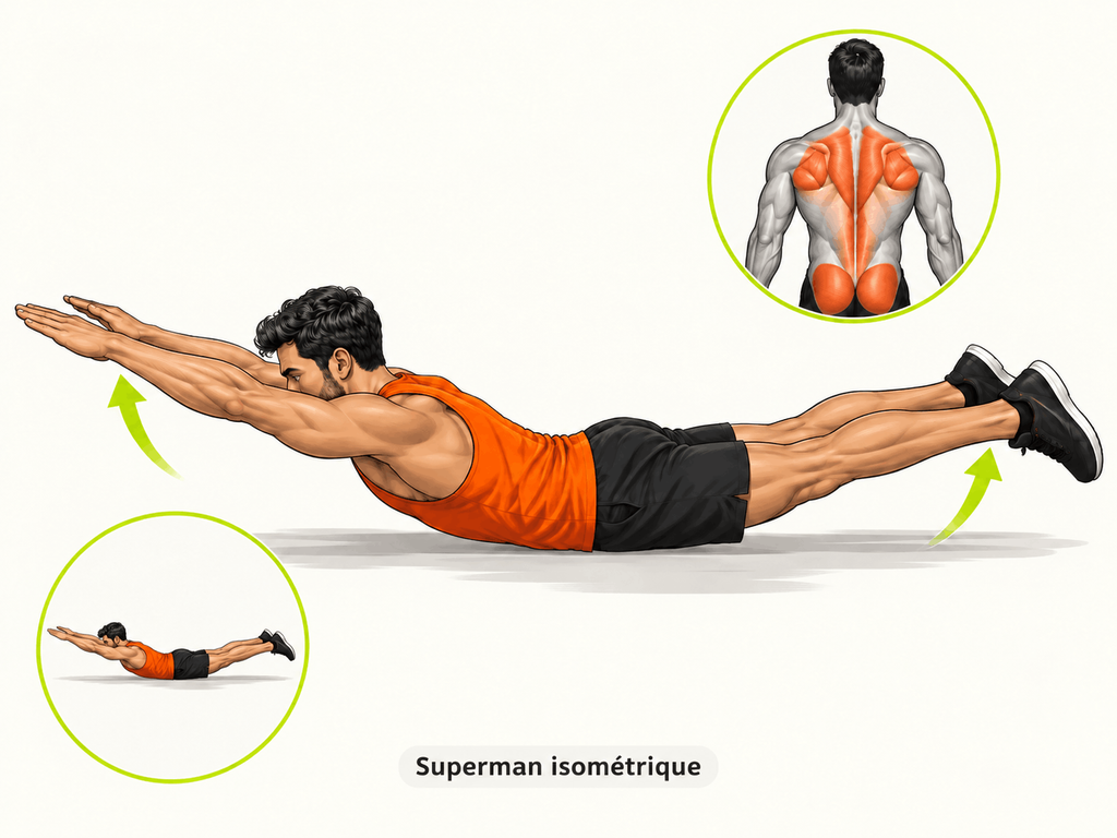 Exercice Superman pour le dos Exercice Superman au sol avec bras et jambes décollés pour renforcer le dos