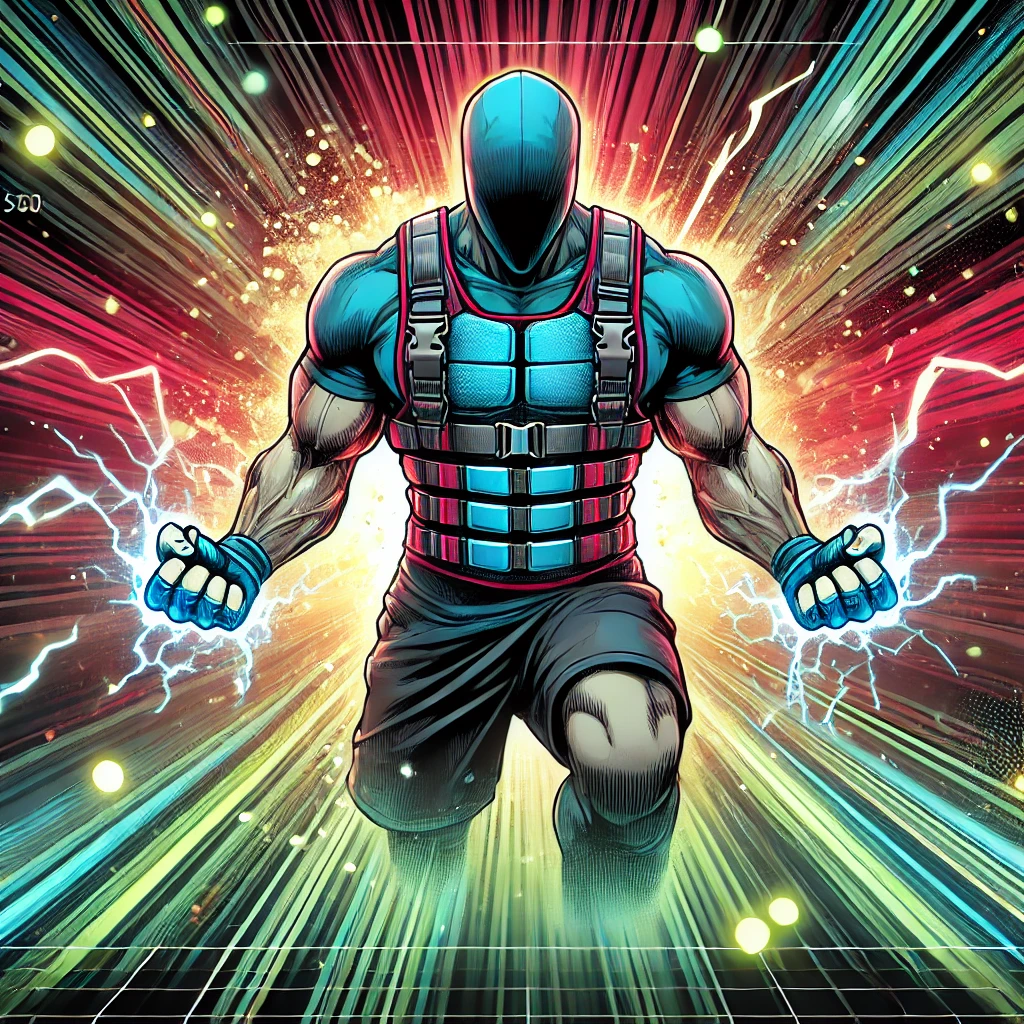 Quel gilet lesté acheter pour booster tes performances ? 2 athlète portant un gilet lesté pendant une séance de callisthénie, entouré d'effets énergétiques et de couleurs vibrantes.