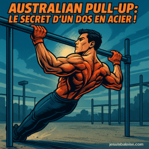 Australian Pull Up : Le Guide Ultime pour des Muscles en Béton (Sans Matériel !) 💪 9 homme musclé réalisant un australian pull-up dans un parc de street workout, dos gainé et bras contractés