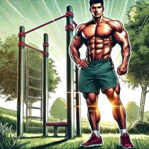 un homme musclé dans la nature qui suit son programme de callisthénie