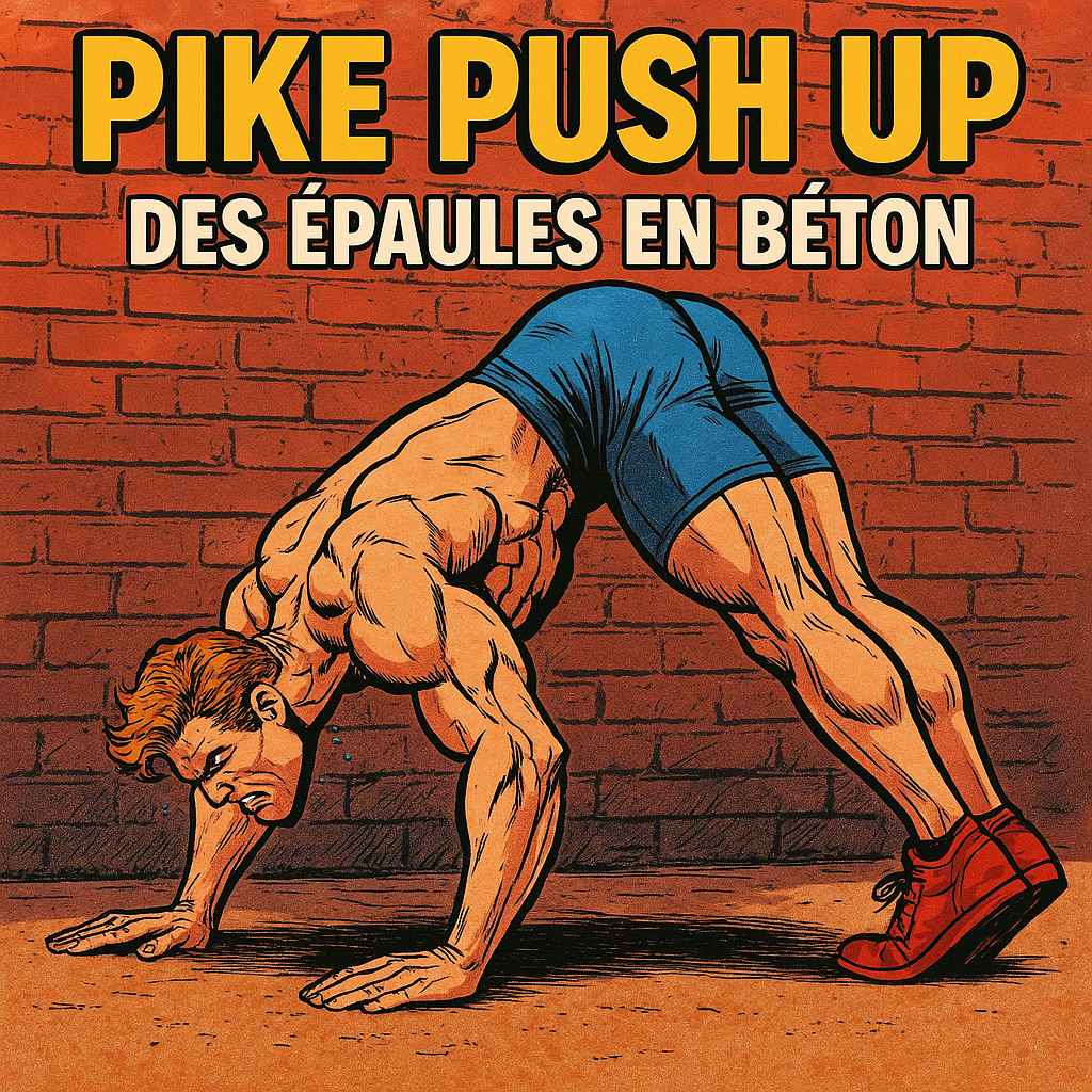 Pike Push Up : L'exercice ultime pour des épaules en béton et une préparation au handstand 2 Illustration style comic d’un homme musclé réalisant un pike push-up, avec le texte “Pike Push Up : Des épaules en béton”, mettant en valeur la puissance des épaules et l’entraînement au poids du corps.