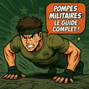 Pompes militaires : guide complet pour les maîtriser et progresser vite 4 Un homme réalisant des pompes militaires, muscles saillants, expression de détermination, fond style militaire avec effet de vitesse, bulle de texte Pompes Militaires : Le guide complet ! et logo JSB sur le t-shirt.