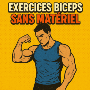 Exercices Biceps Sans Matériel : le Guide Complet pour Te Forger des Bras Puissants à la Maison 💪 3 Un homme musclé montrant son gros biceps, avec le titre 'Exercices biceps sans matériel' sur fond jaune à pois, pour un article de musculation au poids du corps.
