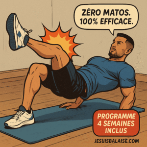 Exercices de fessiers pour homme : 8 mouvements efficaces à faire sans matériel 1 Homme réalisant un hip thrust une jambe au sol dans un salon, exercice de fessiers pour homme sans matériel