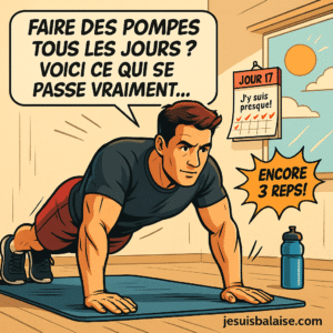 Faire des pompes tous les jours : oui ou non ? 1 Homme en pleine pompe dans un style comic, devant un calendrier Jour 17, illustrant le défi faire des pompes tous les jours, avec bulles de motivation et branding jesuisbalaise.com.