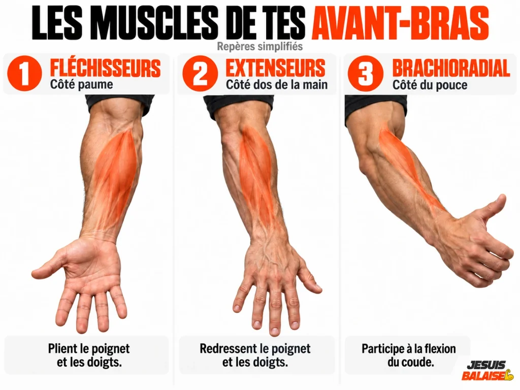 Anatomie des avant-bras : fléchisseurs, extenseurs, brachioradial Trois vues photographiques de l’avant-bras avec les zones des fléchisseurs, des extenseurs et du brachioradial repérées en orange.