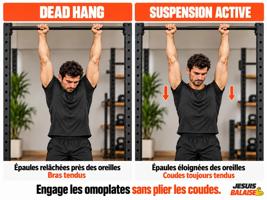 Dead hang et suspension active : différence au niveau des épaules Deux photos comparent la suspension passive, épaules près des oreilles, et la suspension active, épaules abaissées avec les coudes tendus.