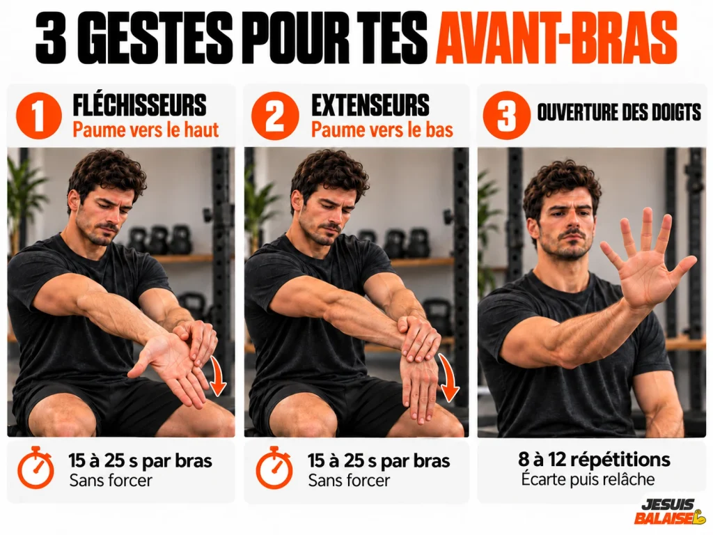 Avant-bras et poignets : deux étirements et ouverture des doigts Trois photos montrent l’étirement des fléchisseurs paume vers le haut, celui des extenseurs paume vers le bas et l’ouverture des doigts.