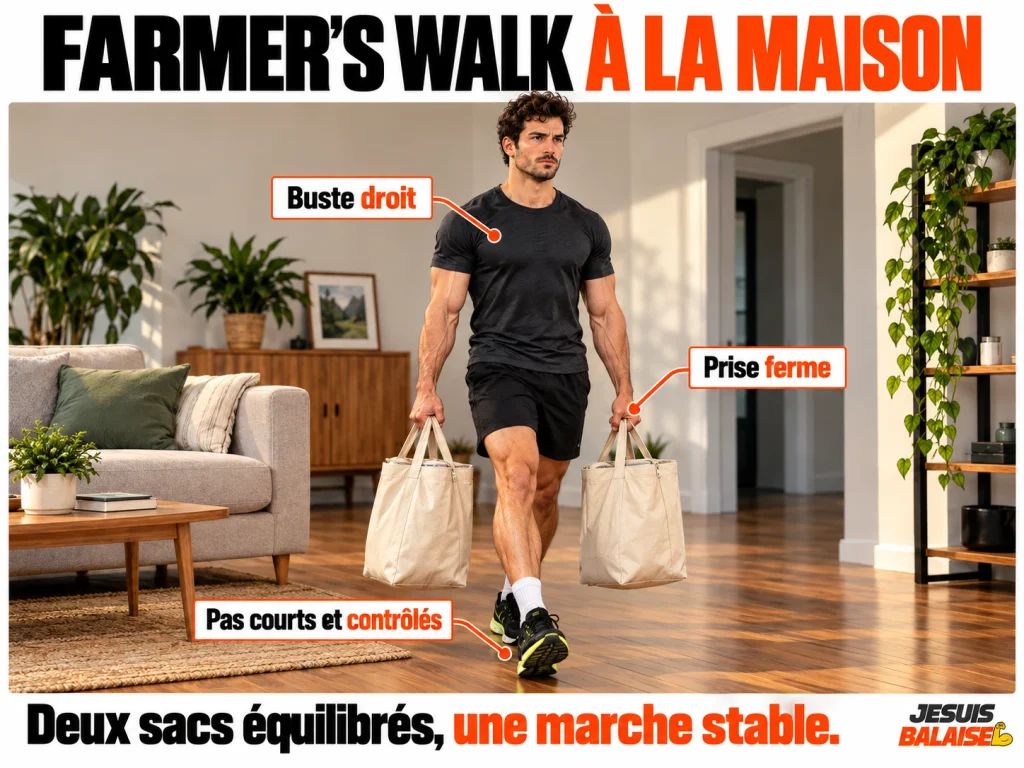 Farmer’s walk à la maison : renforcer le grip avec deux sacs Un sportif marche le buste droit avec un sac dans chaque main, les bras allongés et les poignets droits.
