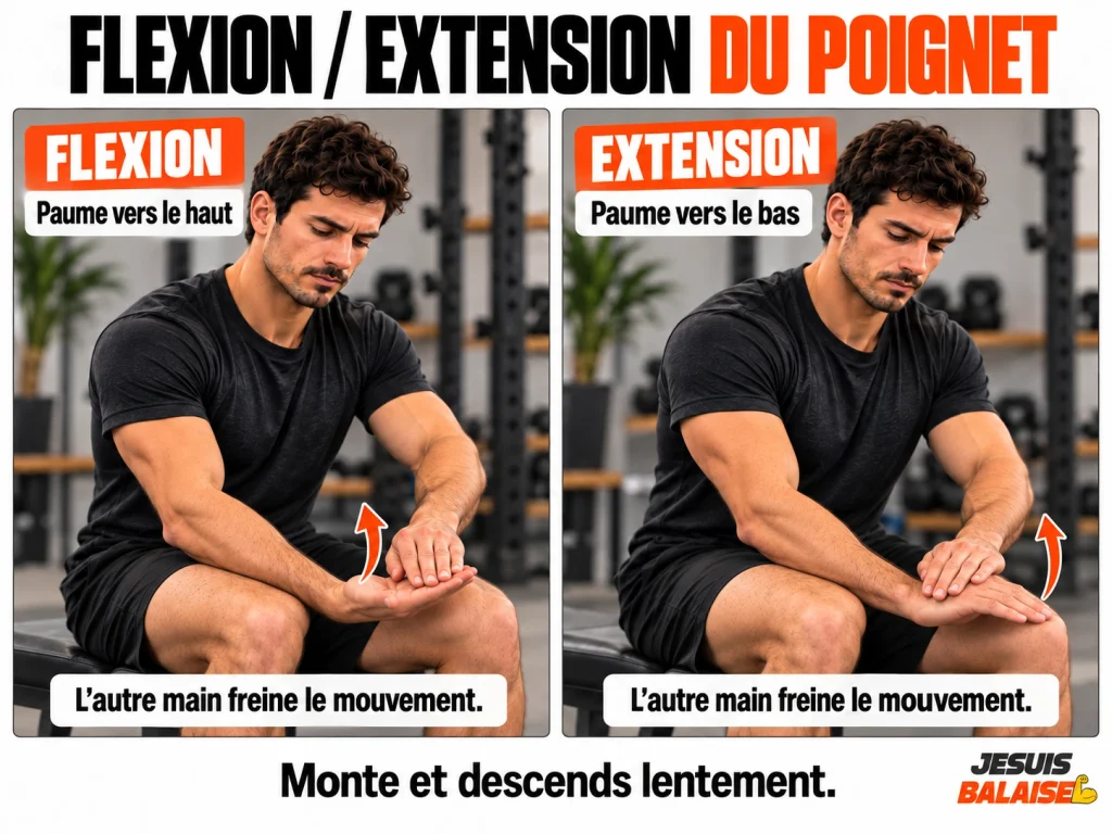 Flexion et extension du poignet : exercices pour les avant-bras Deux photos montrent la position de départ et le sens de la flexion, paume vers le haut, et de l’extension, paume vers le bas, contre la résistance de l’autre main.