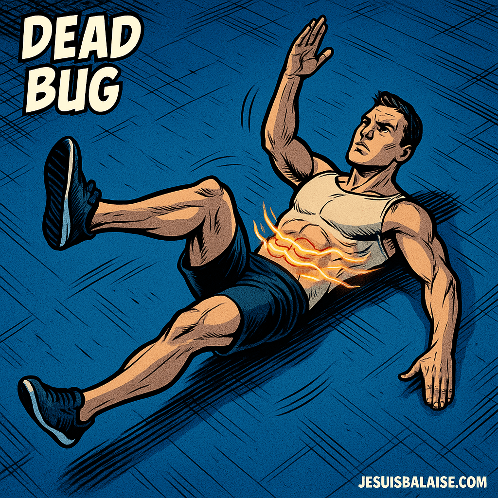 Dead Bug : l'exercice de gainage lent et contrôlé pour des abdos en béton 💪 2 n athlète réalisant le Dead Bug, vue en 3/4 depuis au-dessus, avec les abdos engagés et des lignes d’énergie sur le tronc, fond bleu acier,