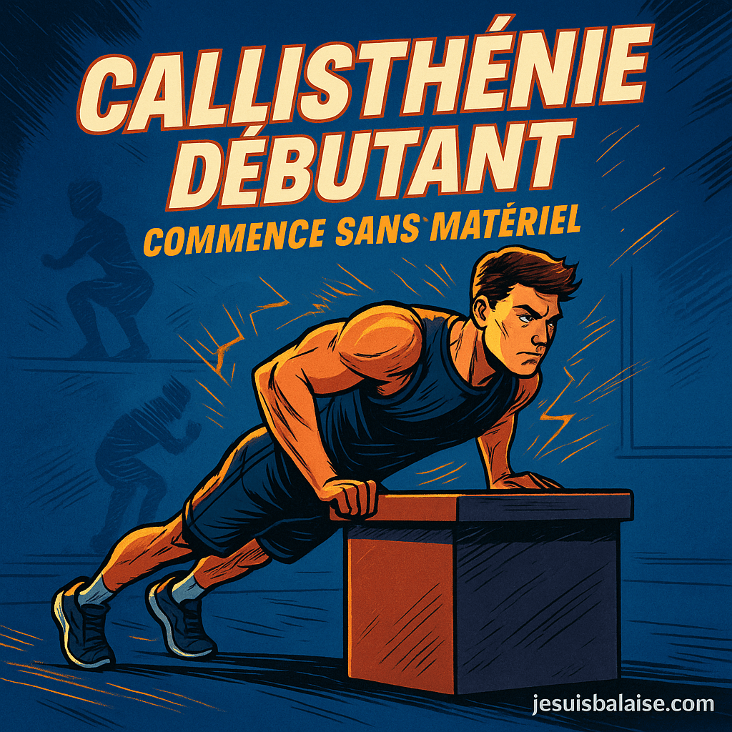 Callisthénie débutant : tout pour démarrer sans matériel 2 Un homme en pompe inclinée pour illustrer la callisthénie débutant, entraînement au poids du corps sans matériel, avec le titre 'Callisthénie Débutant – Commence sans matériel'