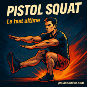 Pistol squat : technique pour un corps fonctionnel 5 athlète réalisant un pistol squat parfait sur une jambe, avec l’accroche "Pistol Squat" et "Le test ultime" et le branding discret jesuisbalaise.com.