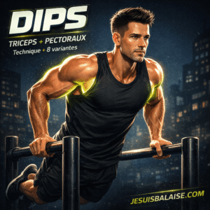 Dips : Maîtrise l'exercice ultime pour des triceps et pectoraux massifs 2 Dips sur barres parallèles : athlète homme en calisthenics, triceps et pectoraux mis en avant, guide complet technique et 8 variantes