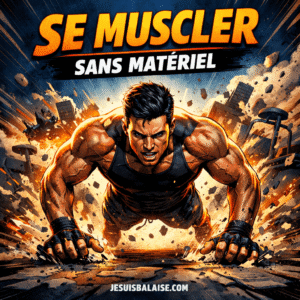 Musculation au poids du corps : homme en pompe explosive, style comic Marvel, visuel "Se muscler sans matériel